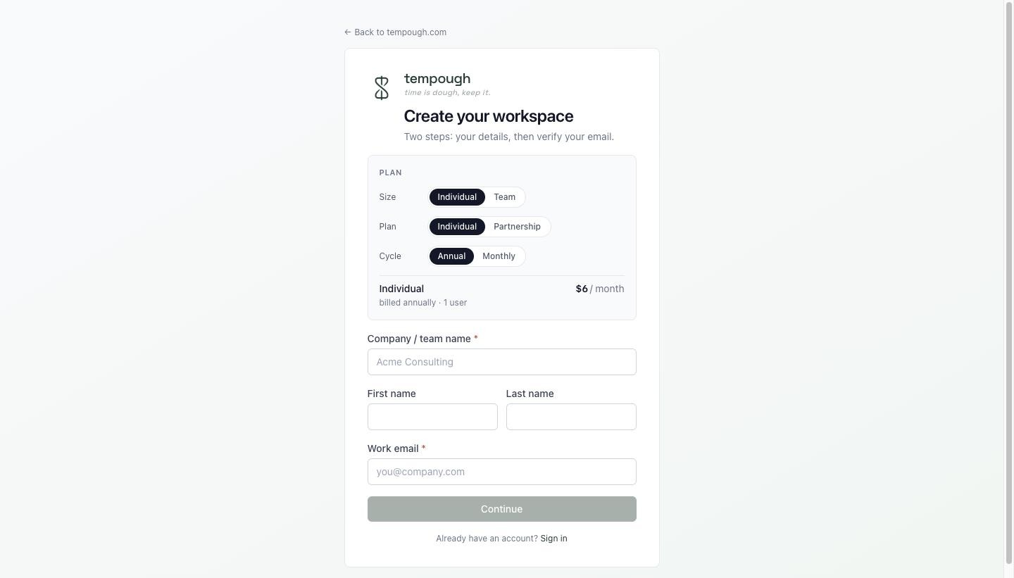 Tempough signup screen where you create a new workspace