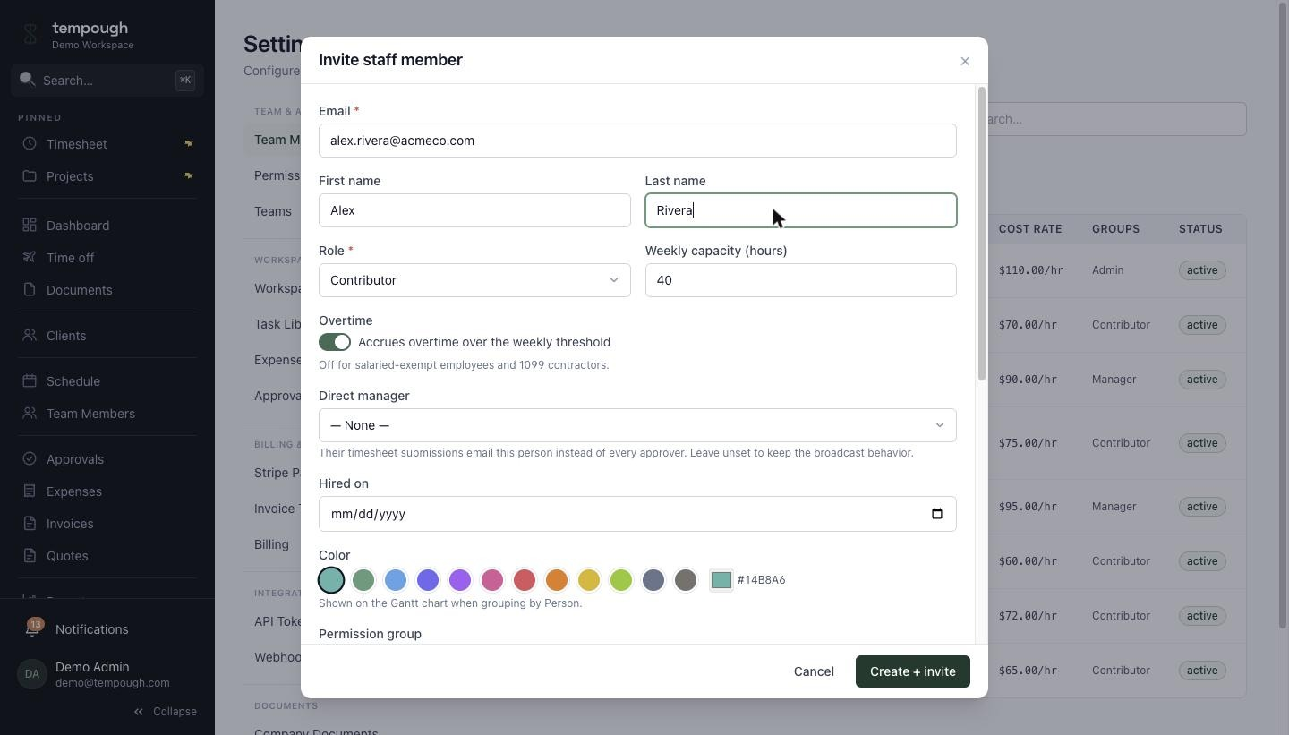 Tempough Settings → Team invite-staff modal with sample row