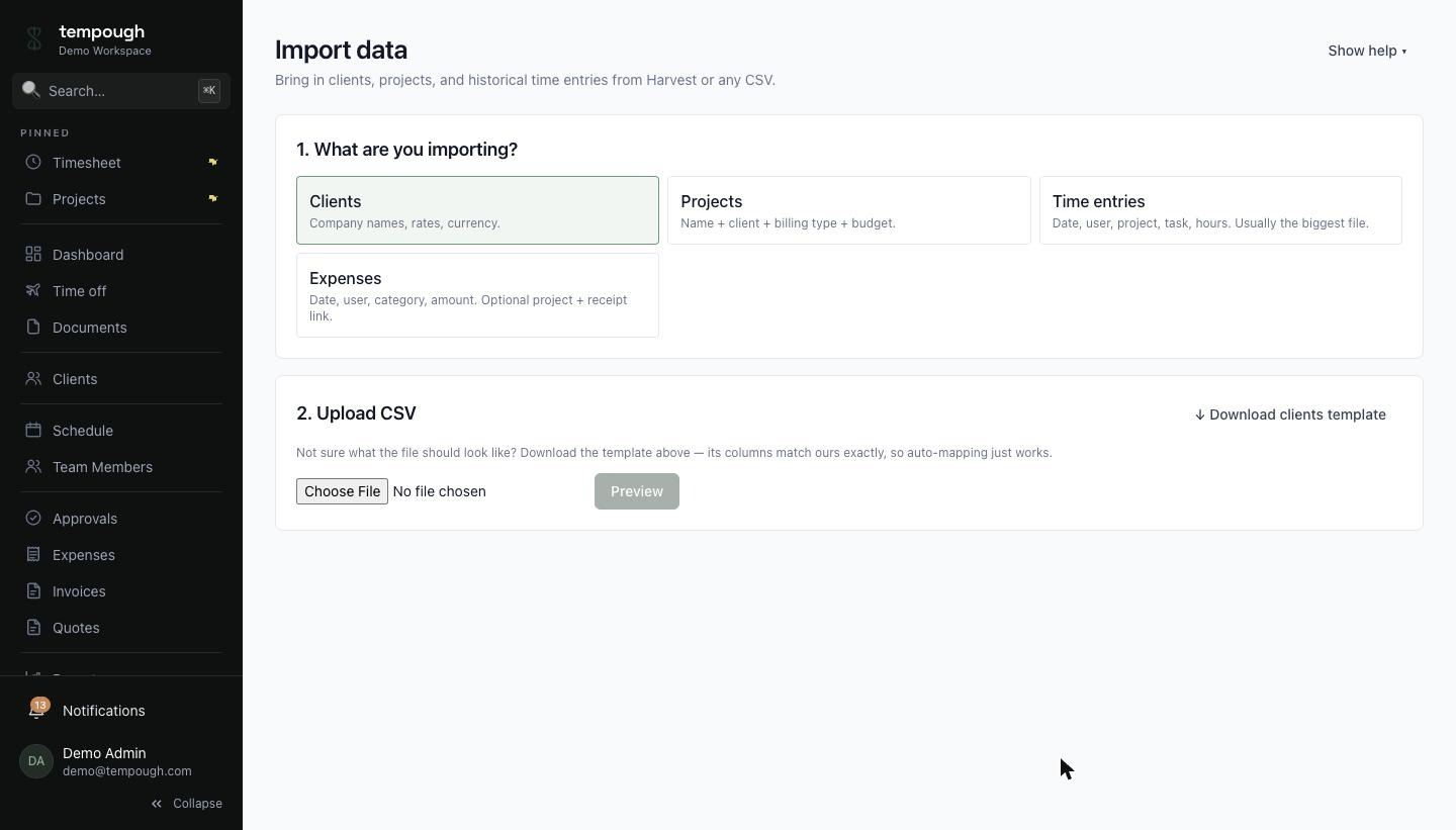 Tempough imports landing page with Clients, Projects, Time, and Expenses tiles