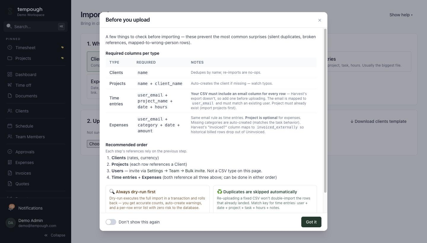 Tempough imports "Before you upload" help — dry-run + dedupe rules explained