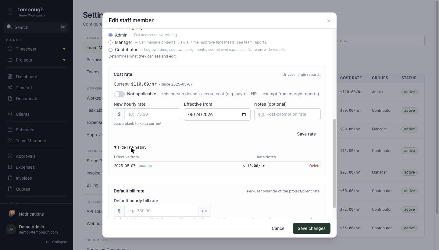 Tempough Settings → Cost Rates with effective-dated history per person
