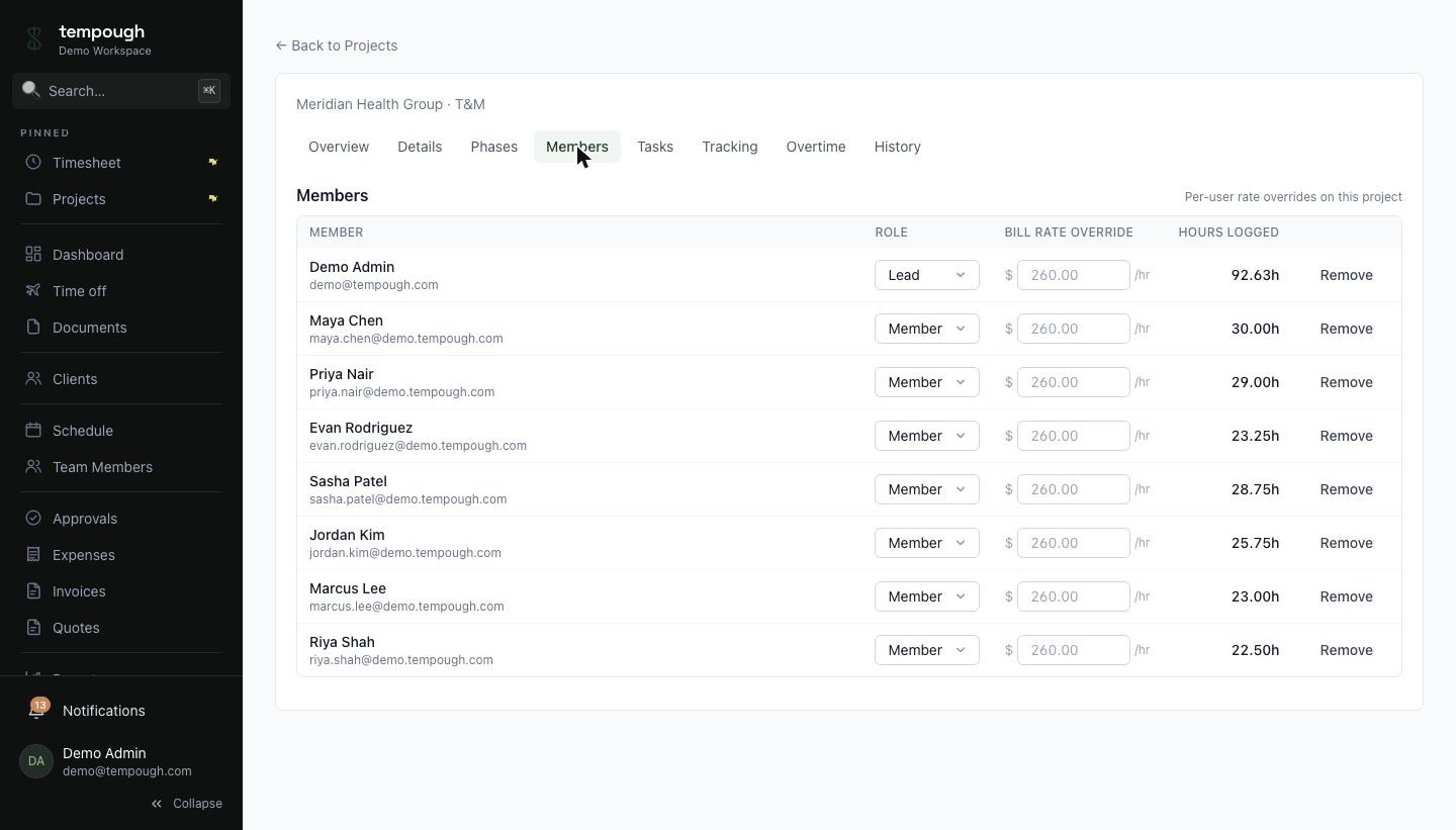 Tempough project billing-rate overrides editor